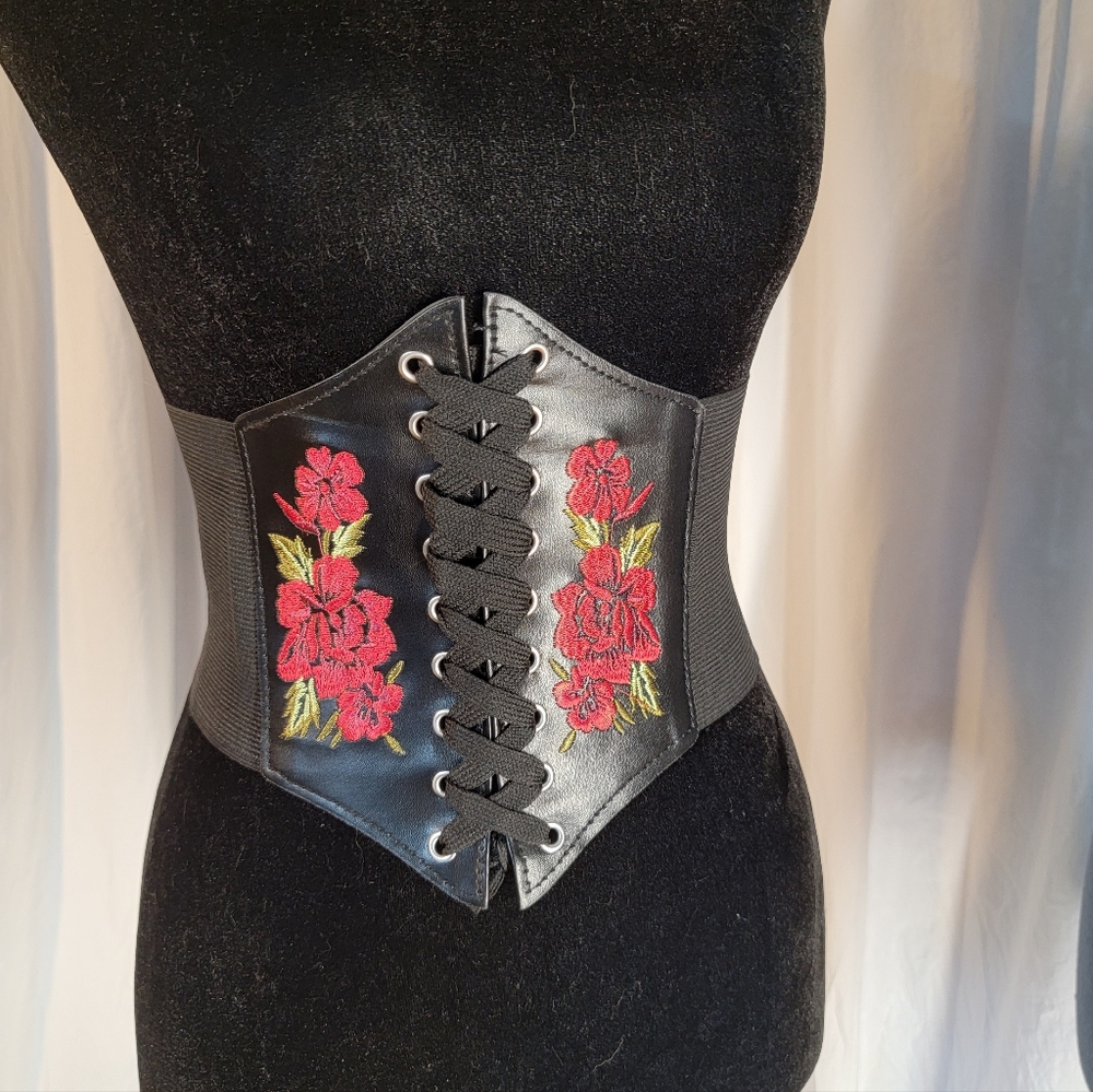Black Lace-Up Waist Corset Belt with Red Floral Embroidery, Elastic